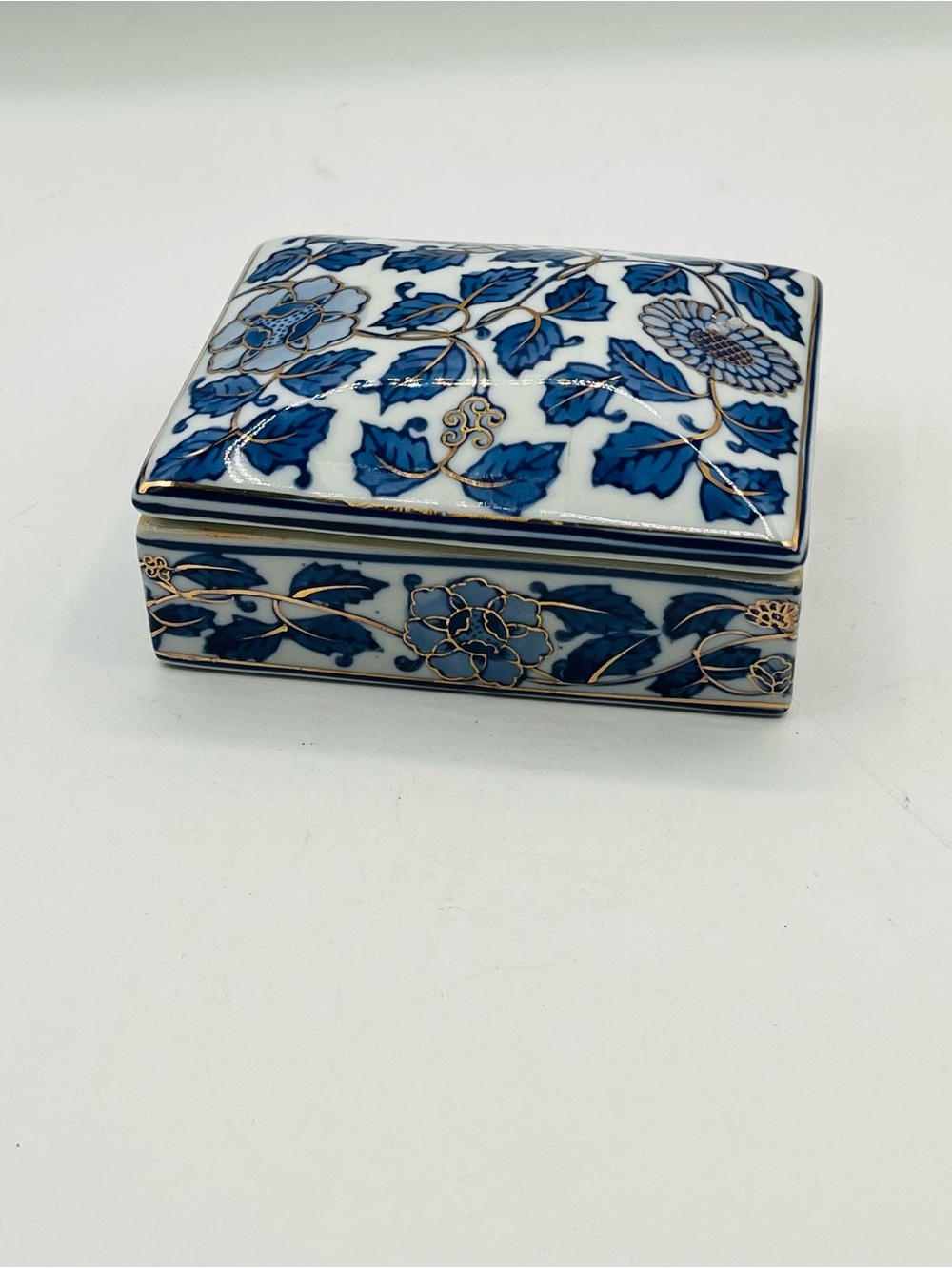 Decorative Blue & White Floral Trinket Box with Gold Accents - Brand